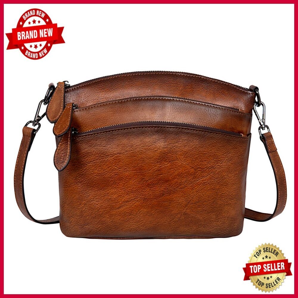Genuine Leather Crossbody Bag with Multiple Pockets, Adjustable Strap - Picture 1 of 7